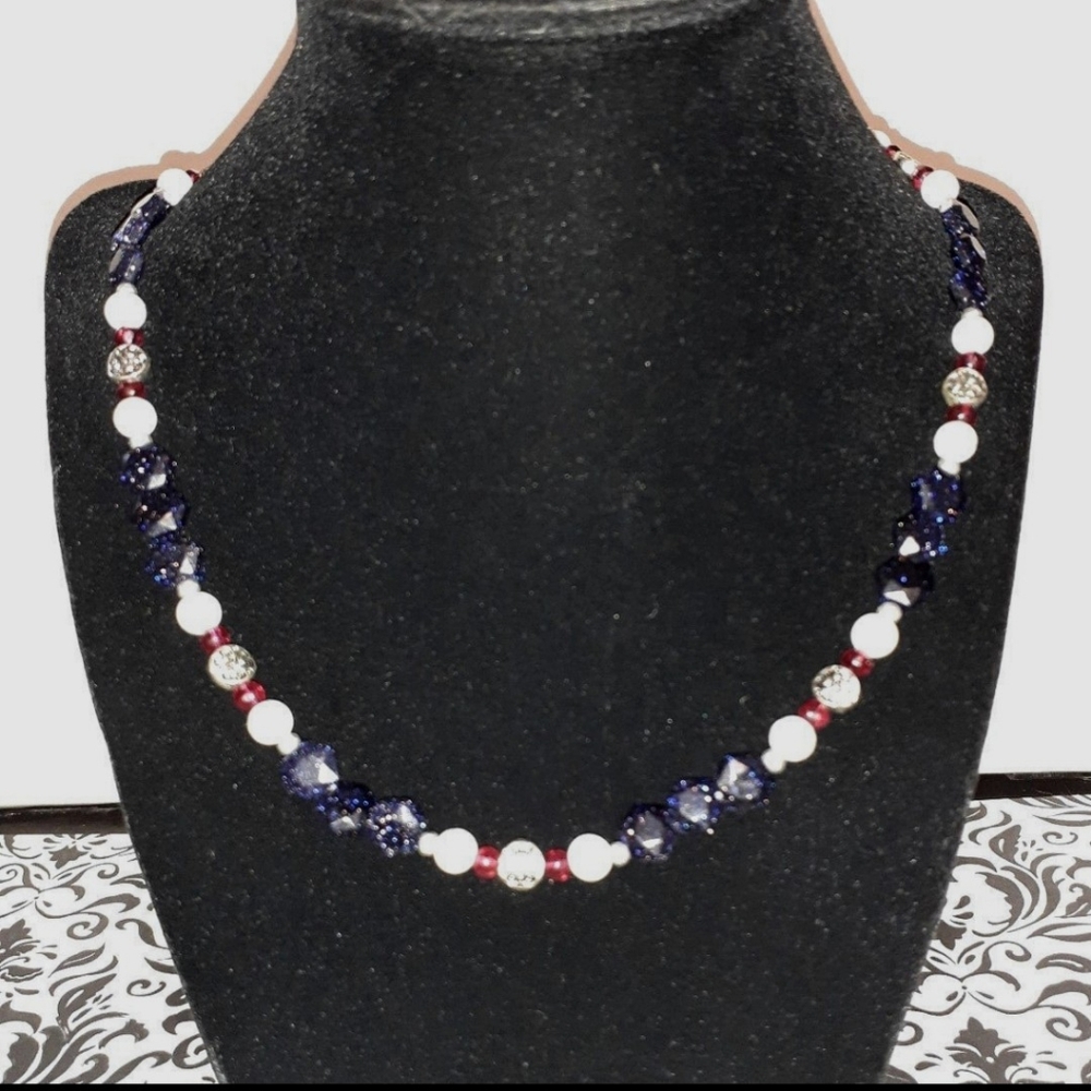 HANDMADE Red, White, and Blue Galaxy Sparkle Beaded Patriotic Necklace